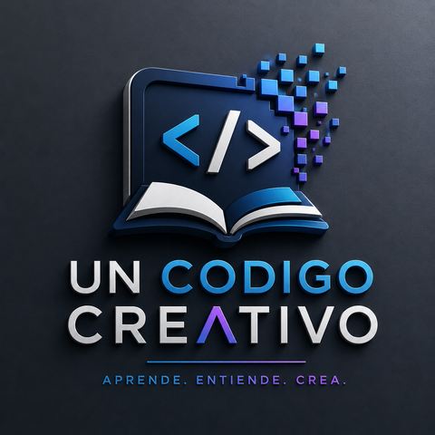 Logo de Un Código Creativo: un libro abierto bajo una pantalla con el símbolo de código y píxeles azules y violetas, con el nombre y la frase Aprende. Entiende. Crea.